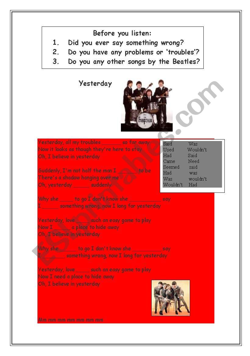 Yesterday- by The Beatles worksheet