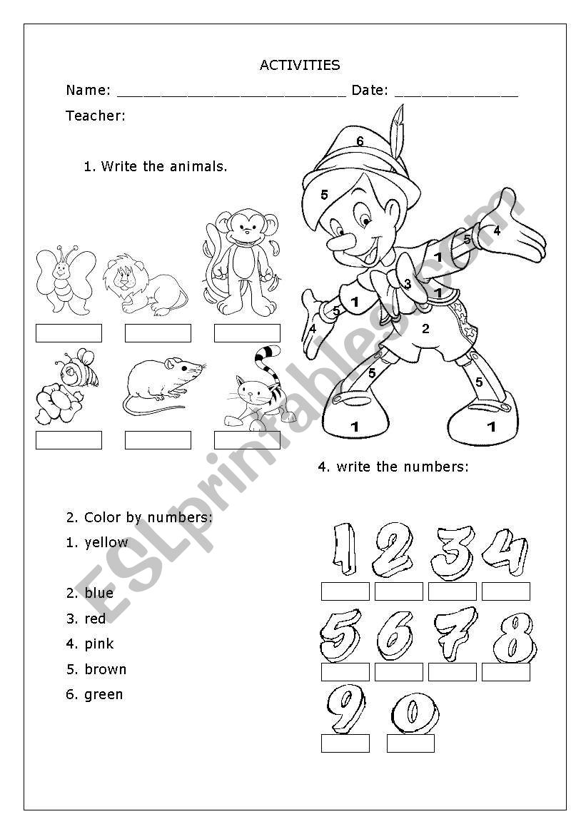 animals, colors and numbers worksheet