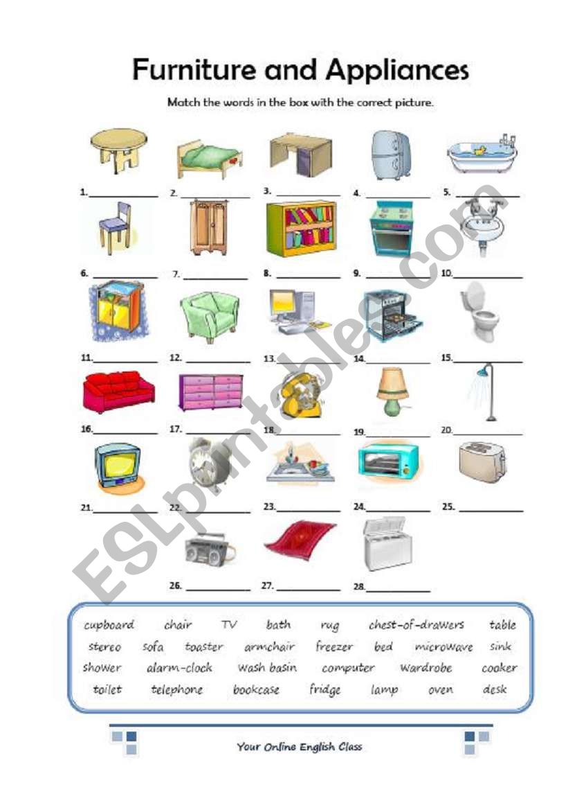 Furniture and Appliances worksheet
