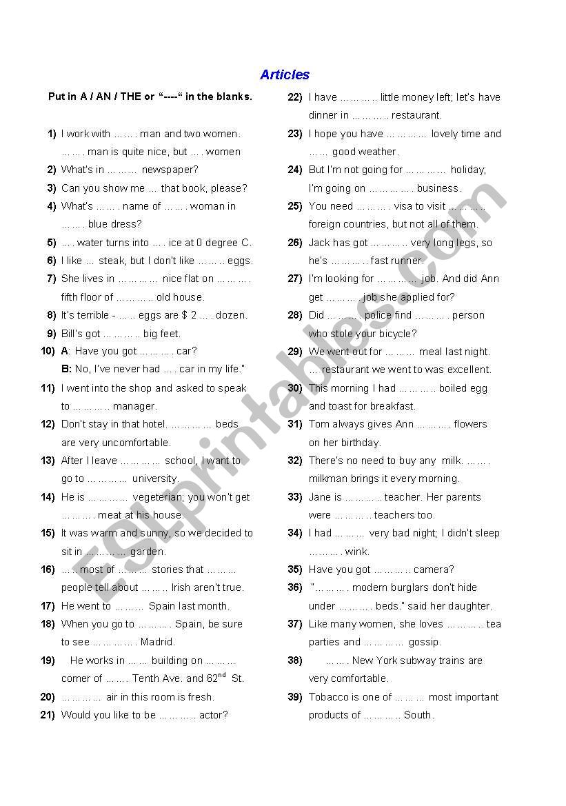 Articles worksheet