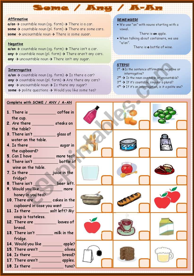 Some / Any / A-An (explanation & exercises - fully editable + B&W version)