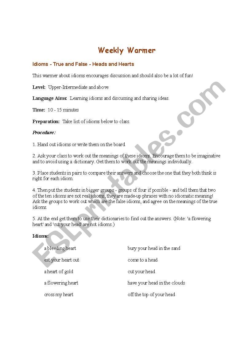 weekly warmer worksheet
