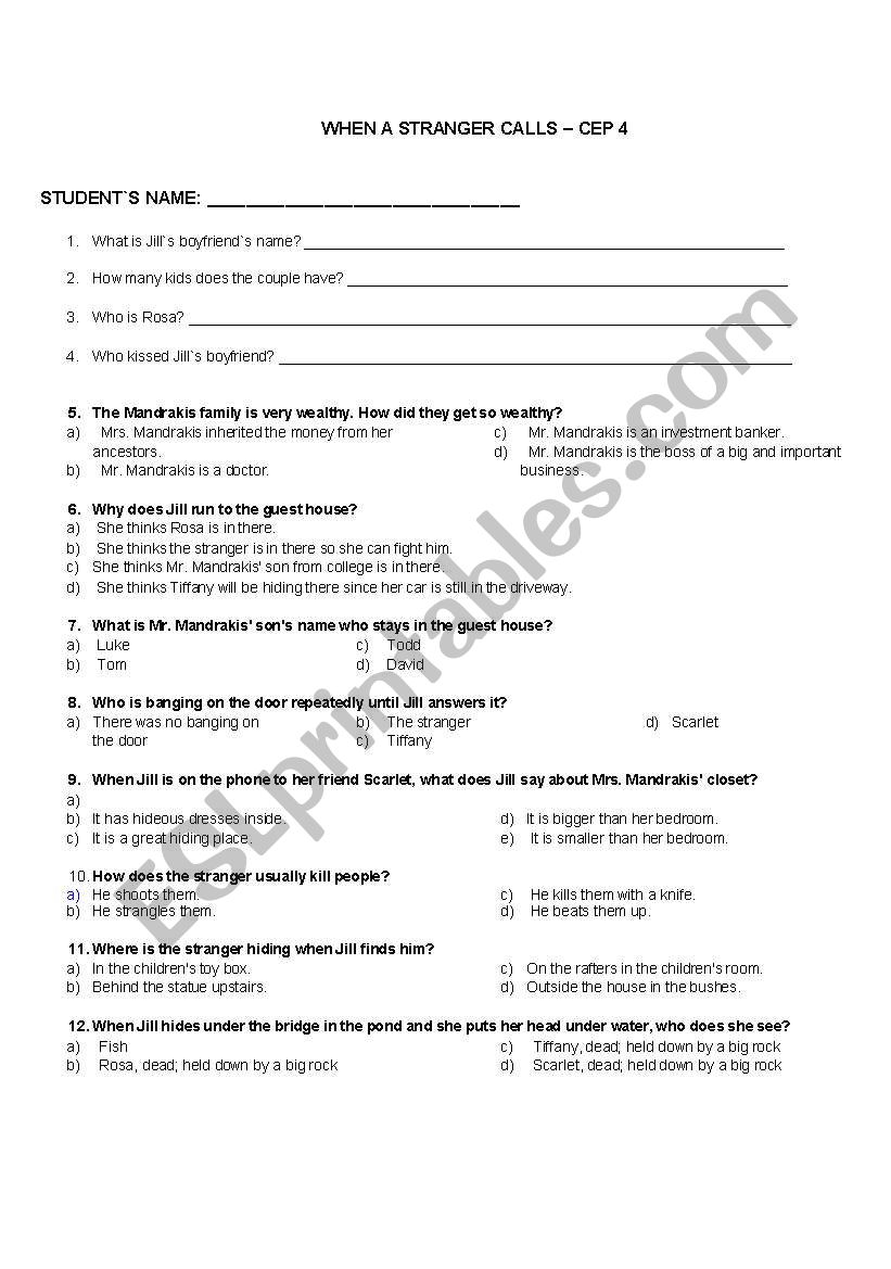 WHEN A STRANGER CALLS - MOVIE worksheet