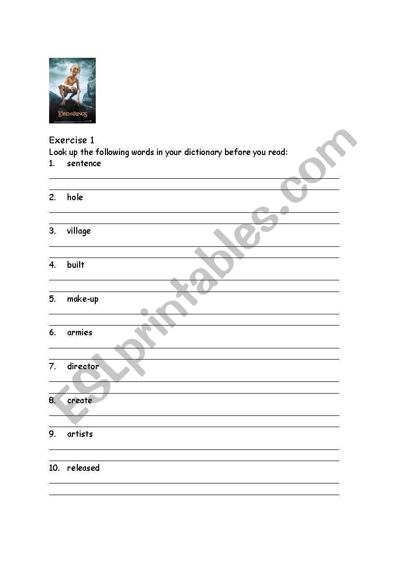 Lord of the Rings-Reading worksheet