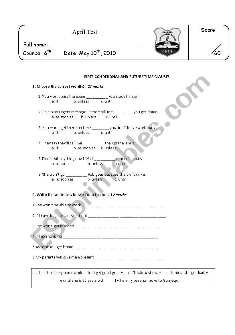 First conditional test worksheet