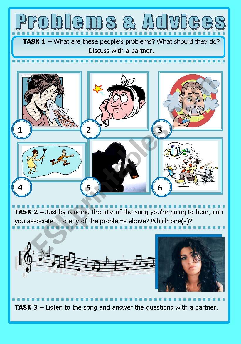 SONG ACTIVITY - Rehab (By Amy Winehouse) - Talking About Problems and Giving Advice (2 pages)
