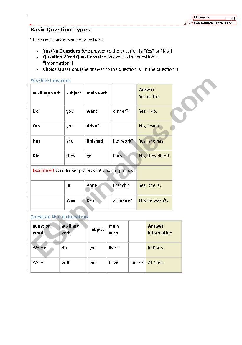 BASIC QUESTION MODEL worksheet