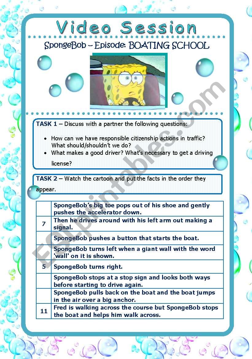 Video Session - SPONGEBOB - Boating School - Talking About Driving and Traffic (2 pages)