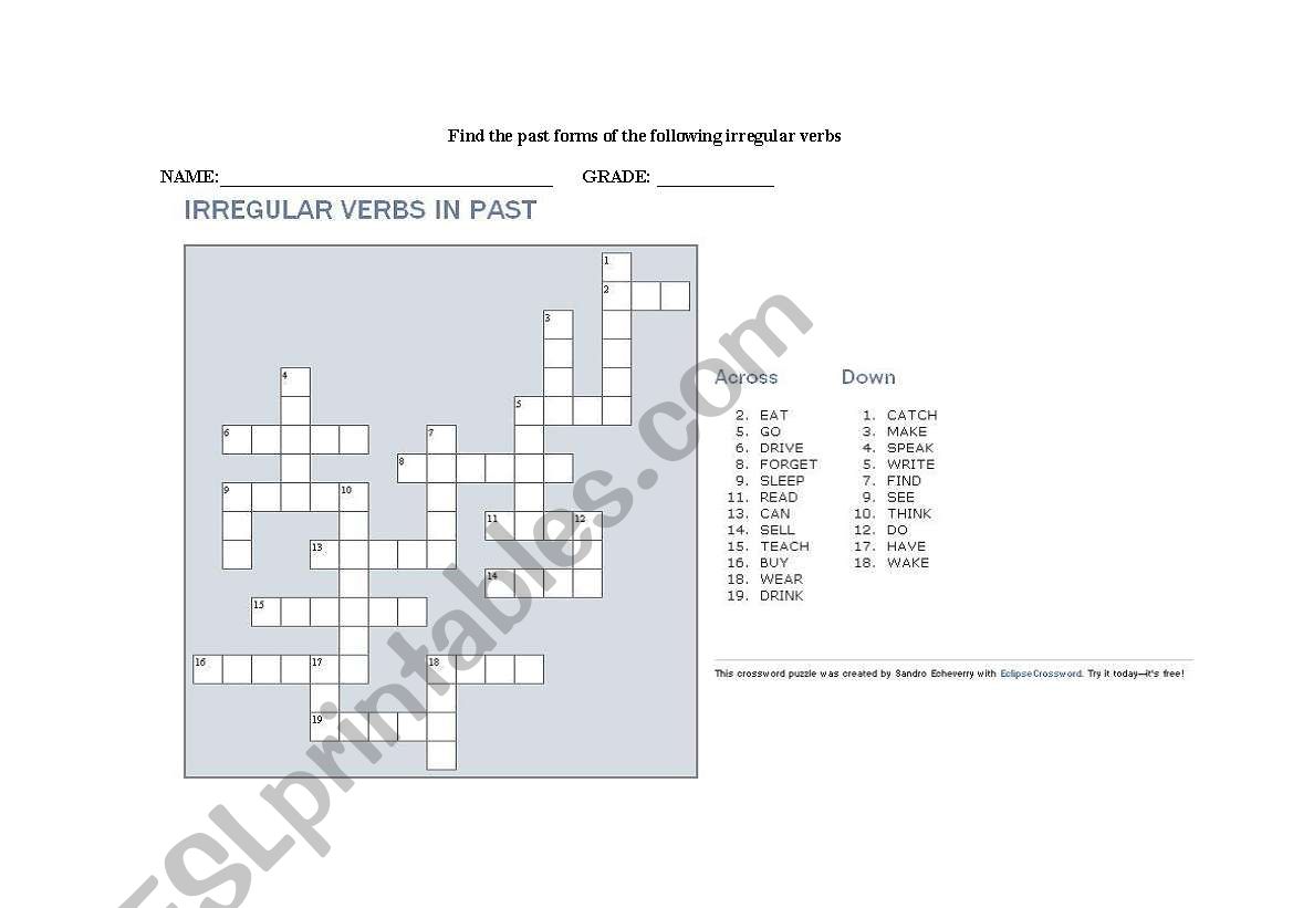 Irregular verbs crossword worksheet
