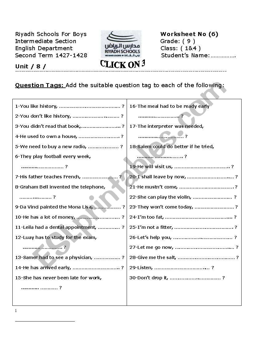 question tag worksheet