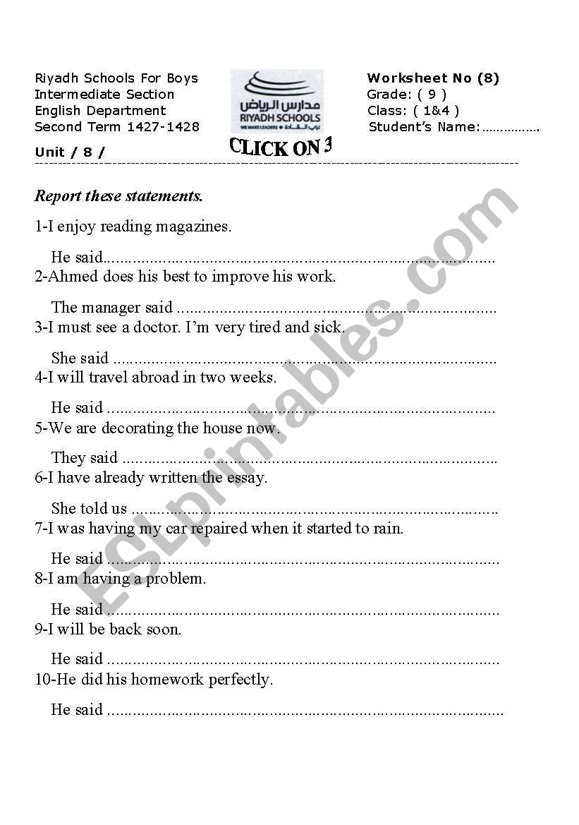 reported speech worksheet