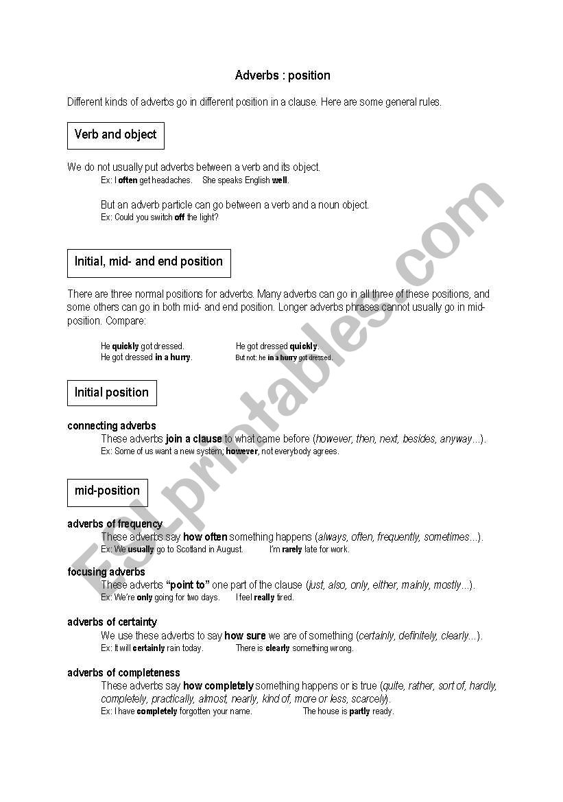 Adverbs and their location worksheet
