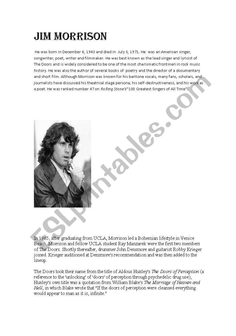 Jim morrison worksheet