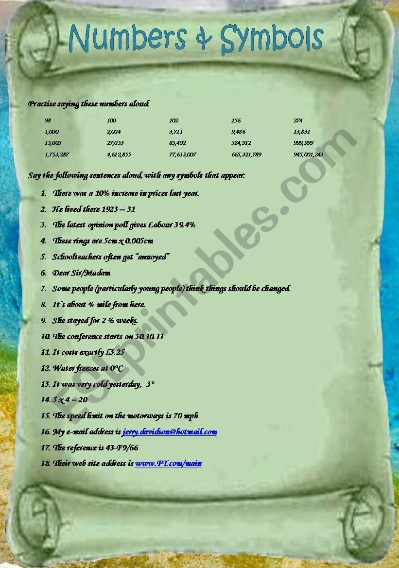 NUMBERS & SYMBOLS worksheet