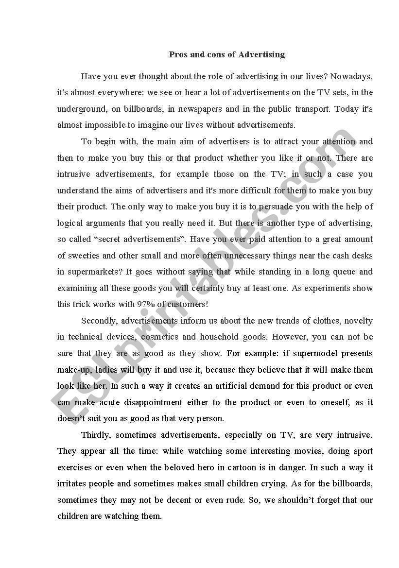 Pros & cons of Advertising worksheet