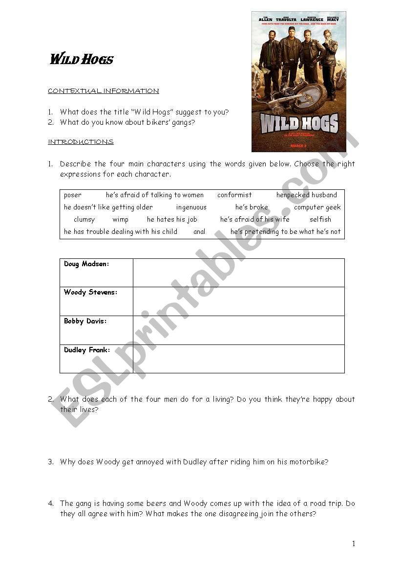 Wild Hogs Movie worksheet worksheet