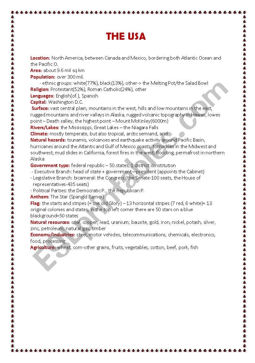Basic facts about USA worksheet