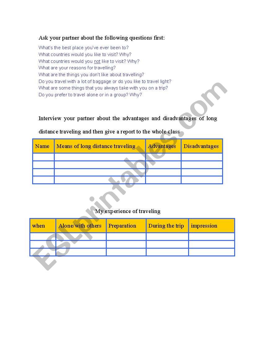 traveling worksheet