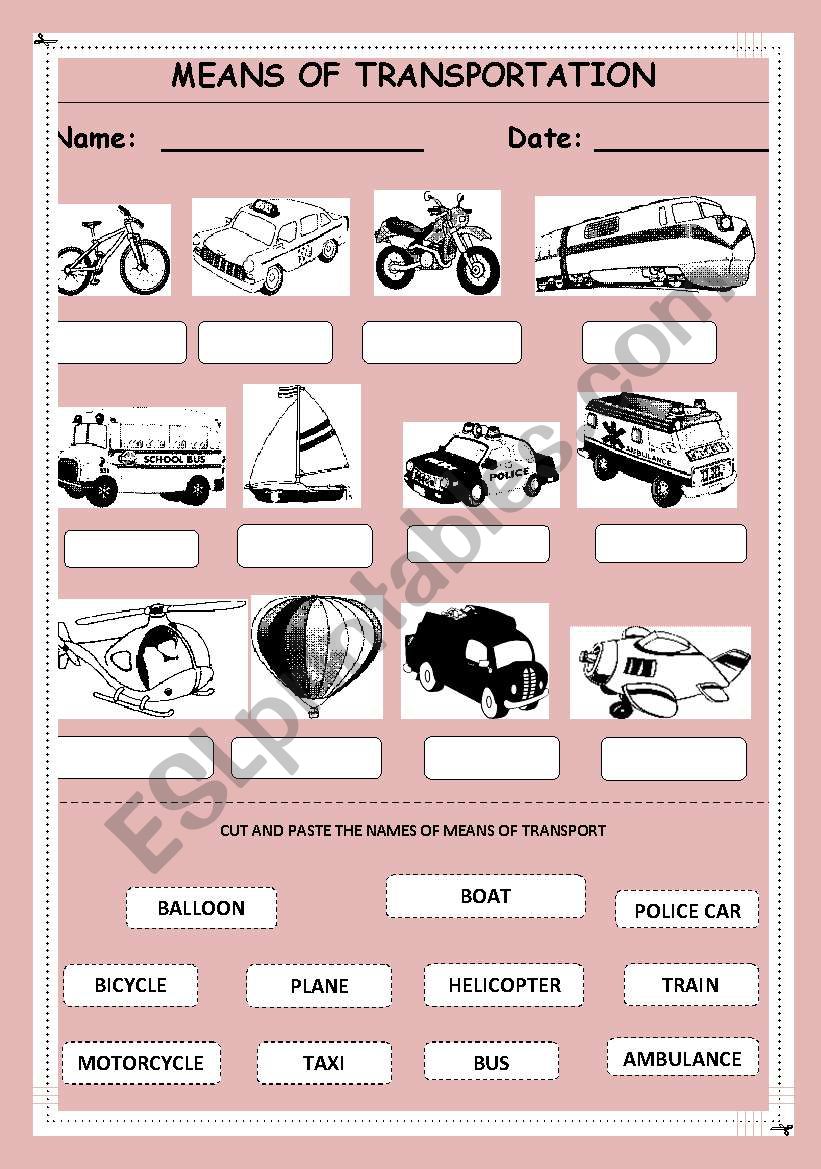 means of transportation worksheet