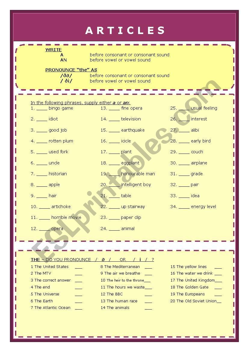 Articles worksheet