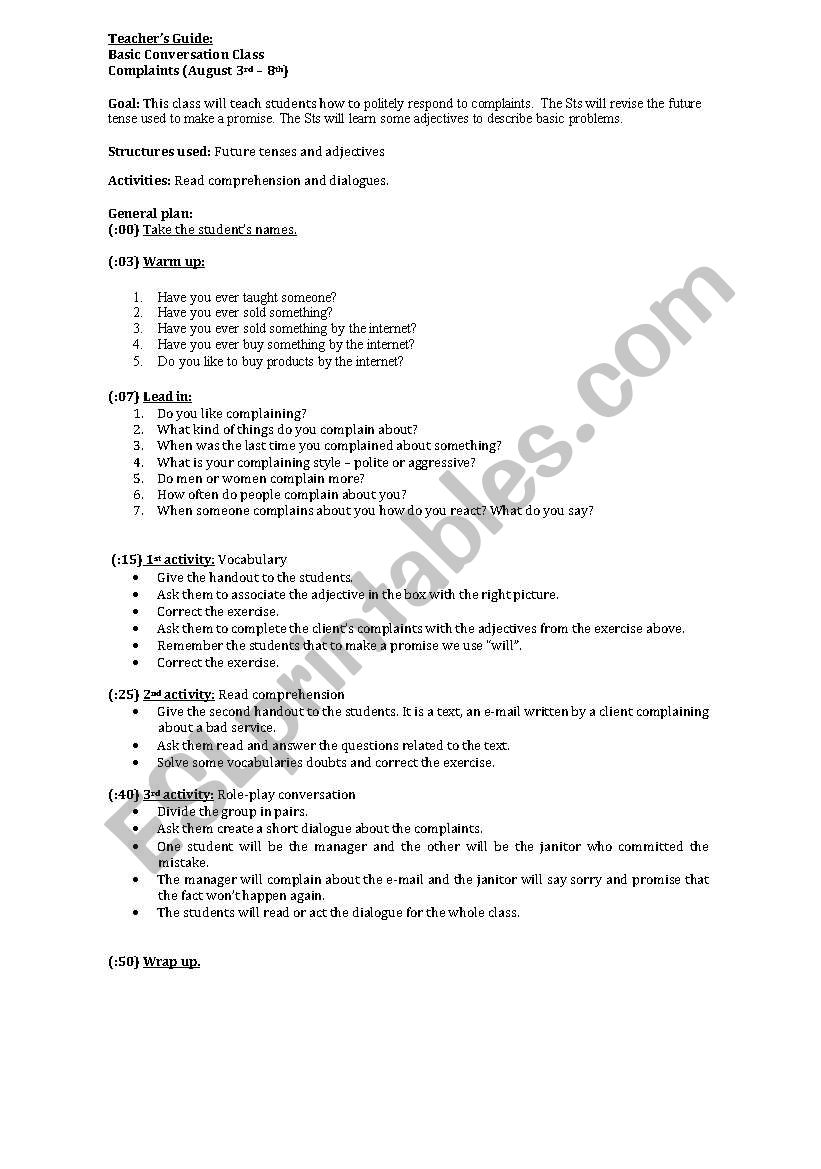 Complaints worksheet