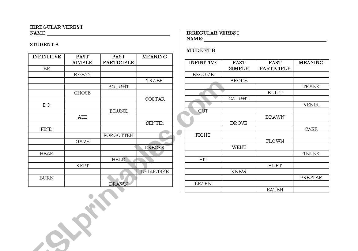 SET OF IRREGULAR VERBS EXAMS OR WORKSHEETS