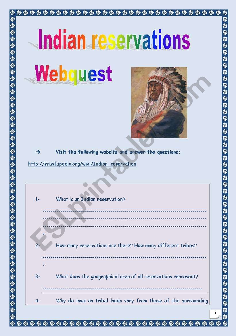 INDIAN RESERVATIONS WEBQUEST (10 tasks - 5 pages - with KEY)