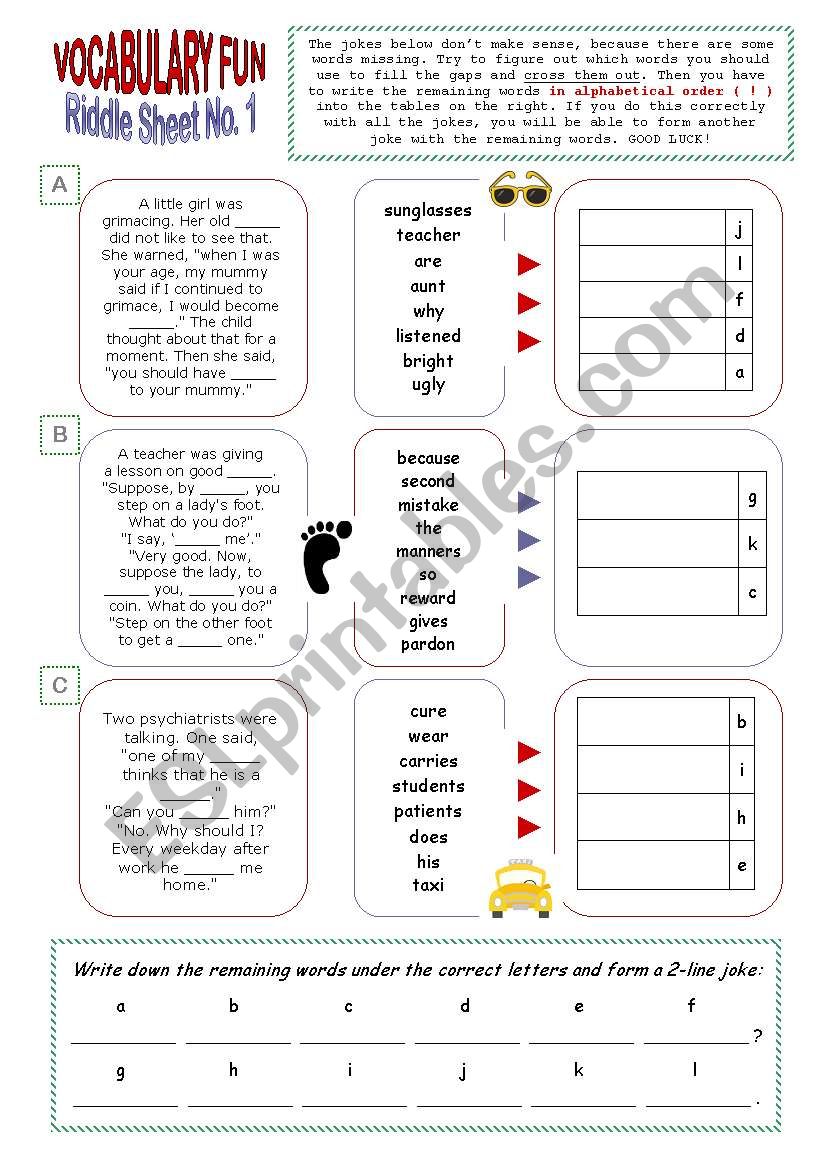 RIDDLE SHEET NO. 1 • TOPIC: JOKES • FUN READING AND WRITING ACTIVITY ...
