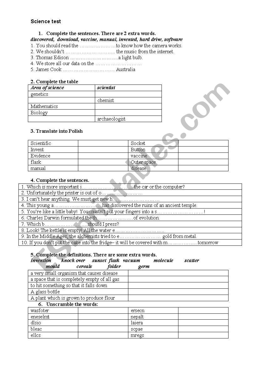 science and technology test worksheet