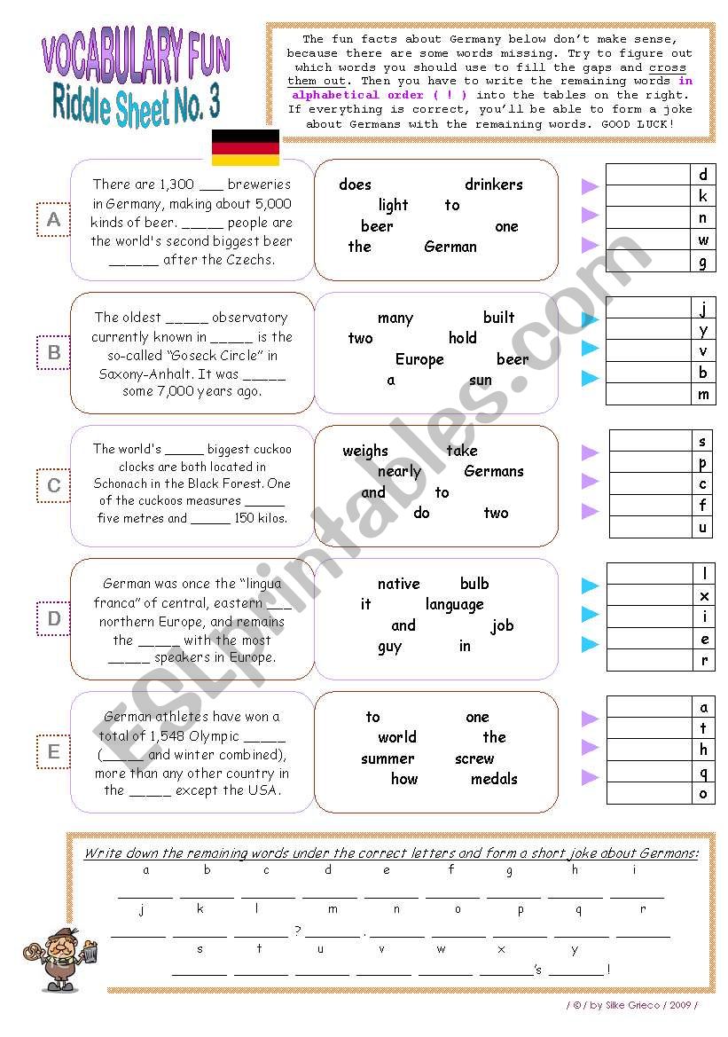 RIDDLE SHEET NO. 3  TOPIC: FUN FACTS ABOUT GERMANY  READING AND WRITING ACTIVITY