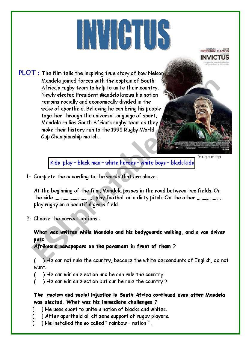 Movie : Invictus worksheet