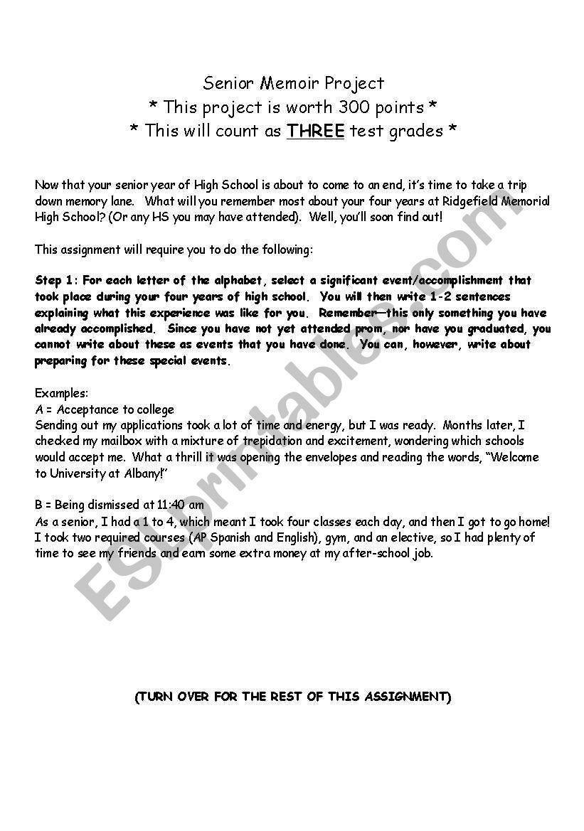 Senior Memoir worksheet