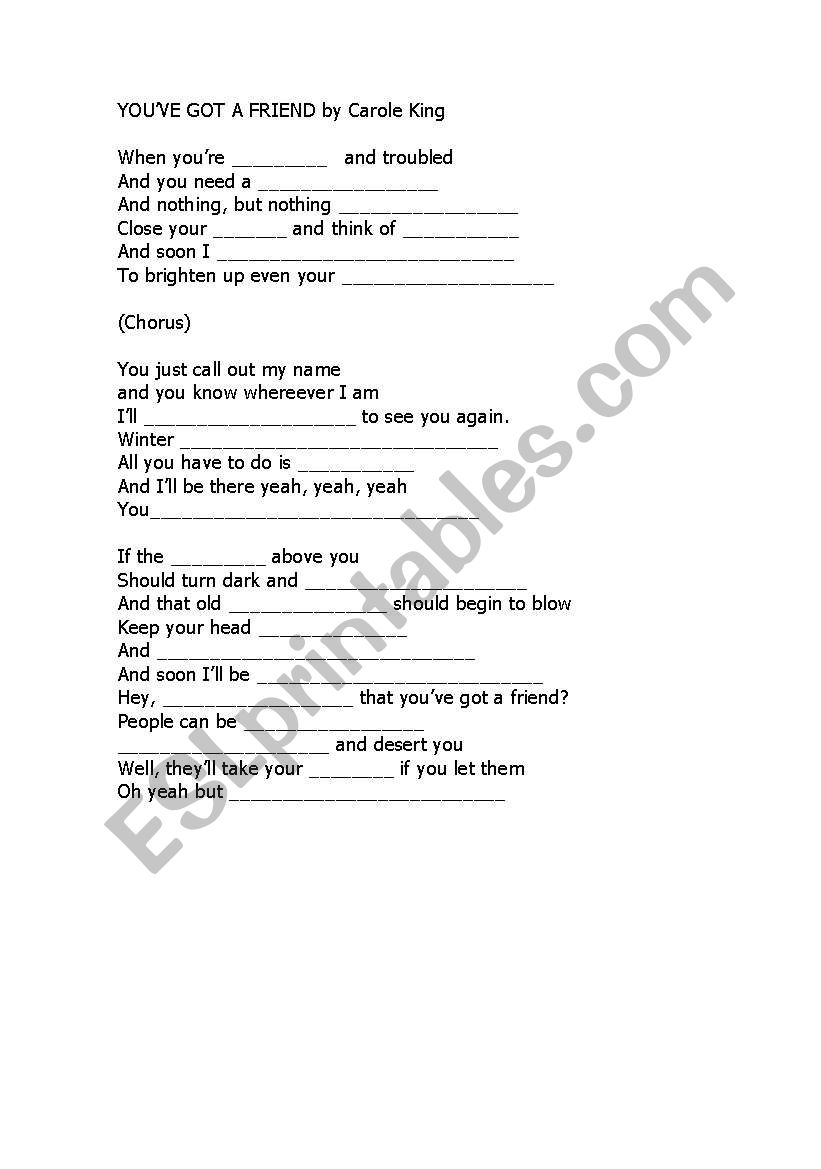 Youve got a friend worksheet