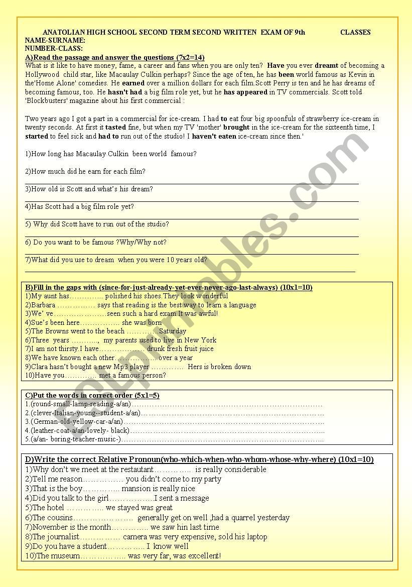 Exam for 9th grade worksheet