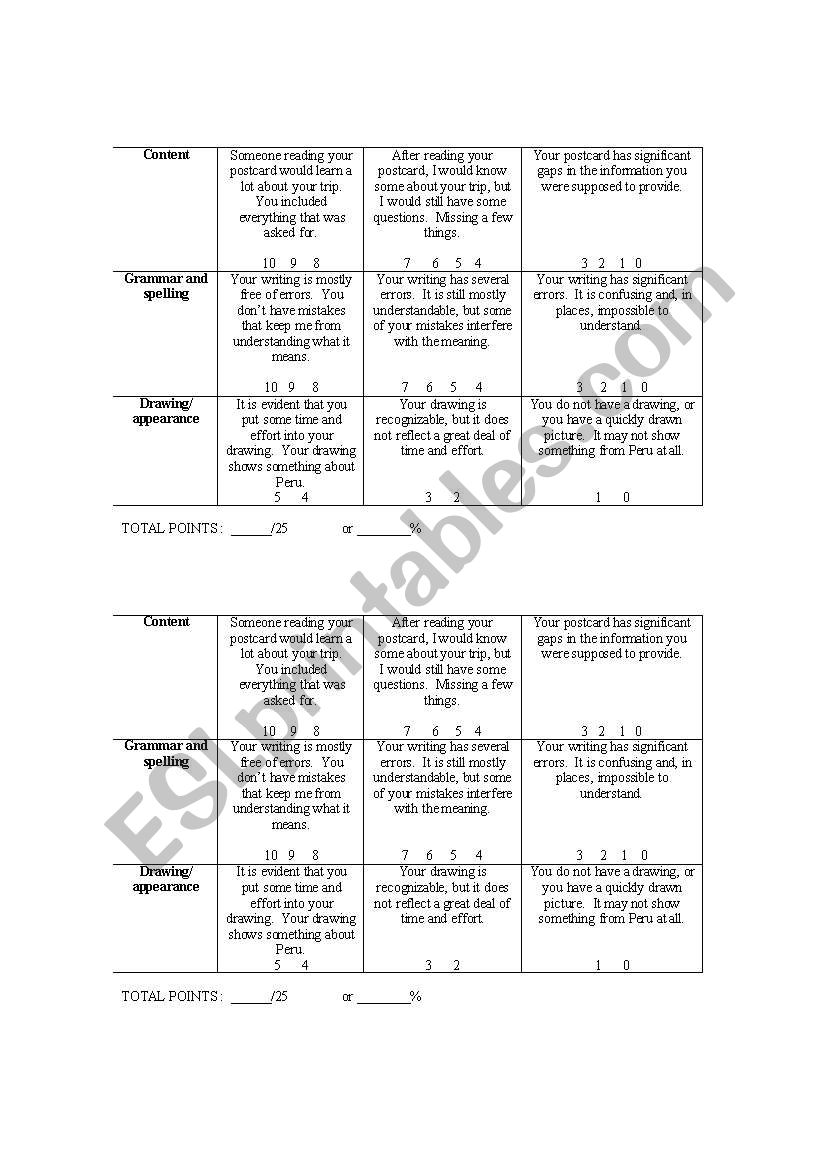 Postcard rubric worksheet