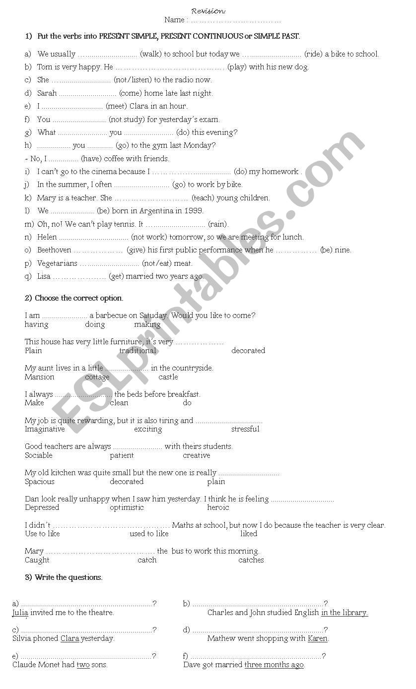 REVISION of Present Simple, Present Continuous, Simple Past and Vocabulary