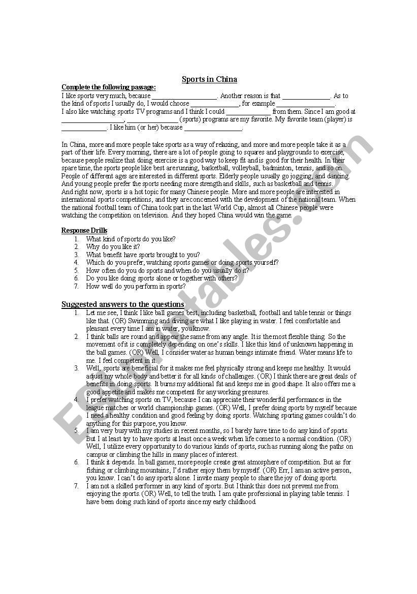 Sports in China worksheet