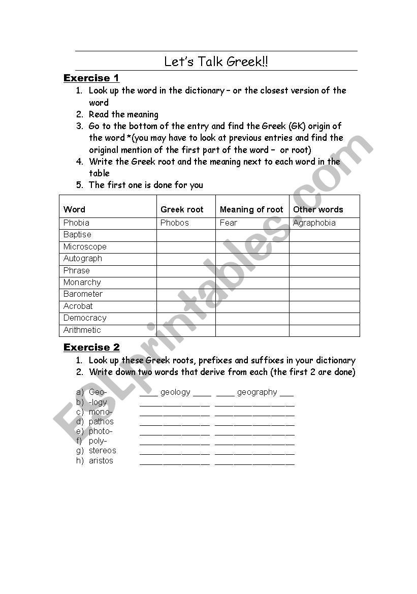 Lets talk Greek worksheet