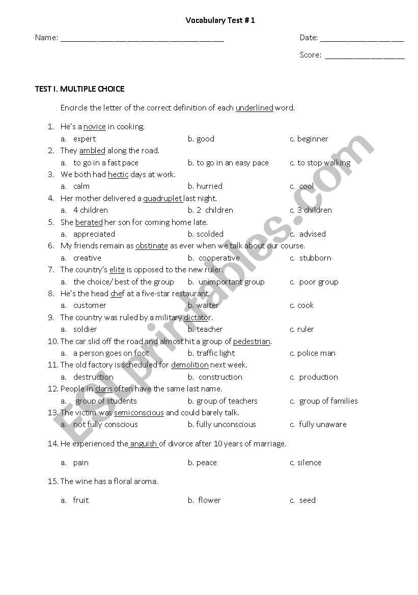 Vocabulary test worksheet