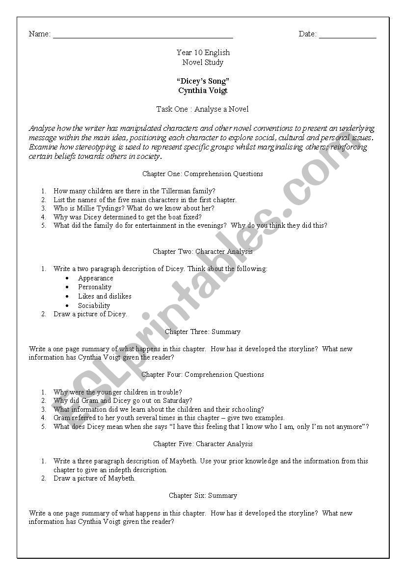 Diceys Song by Cynthia Voigt worksheet