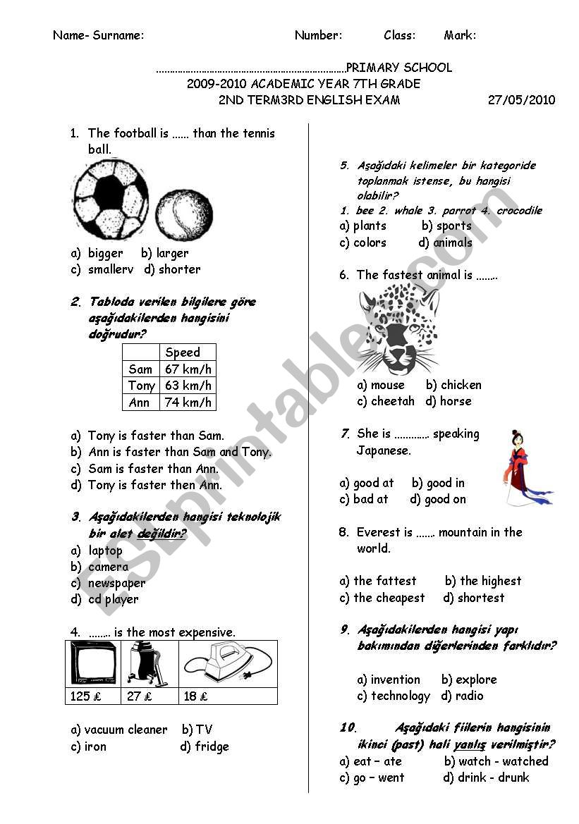7TH GRADE 2ND TERM 3RD EXAM FOR TURKISH STUDENTS
