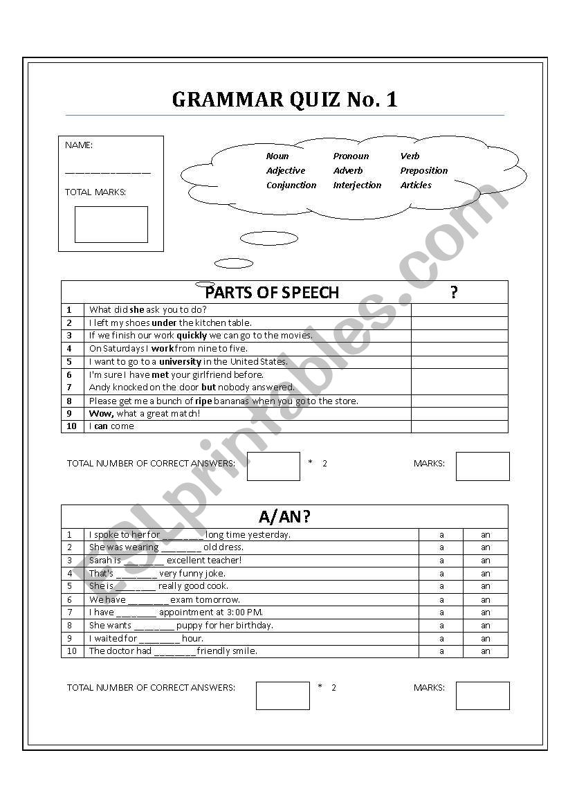 Grammar quiz_Articles and Parts of speech