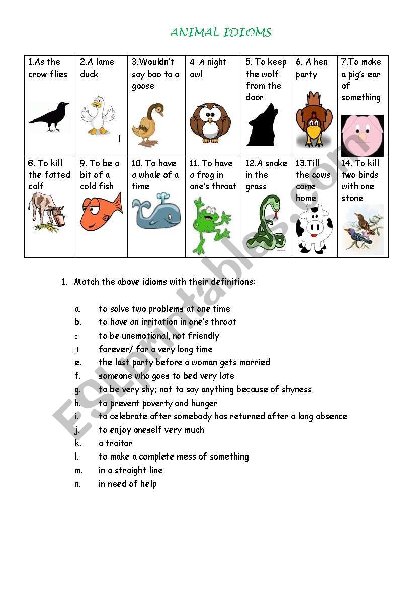 animal idioms - pairwork worksheet