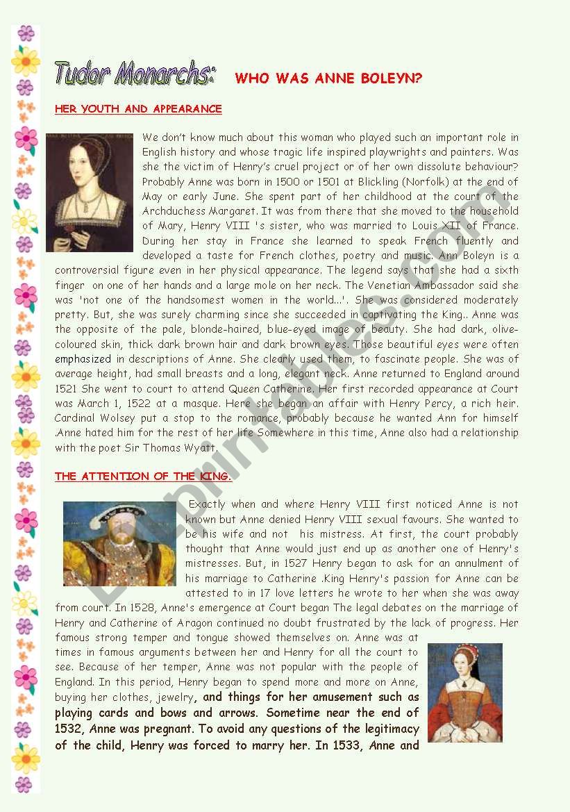 TUDOR MONARCHS: ANNE BOLEYN. worksheet