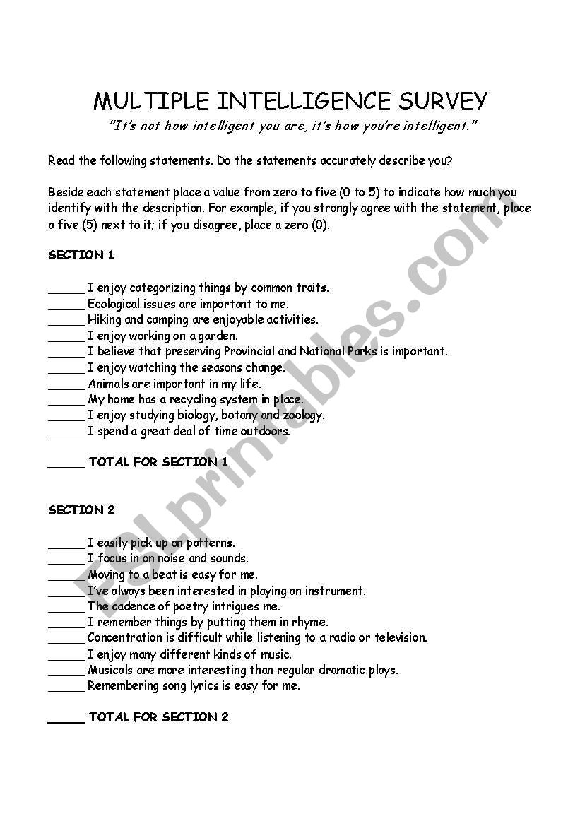 Multiple Intelligences worksheet