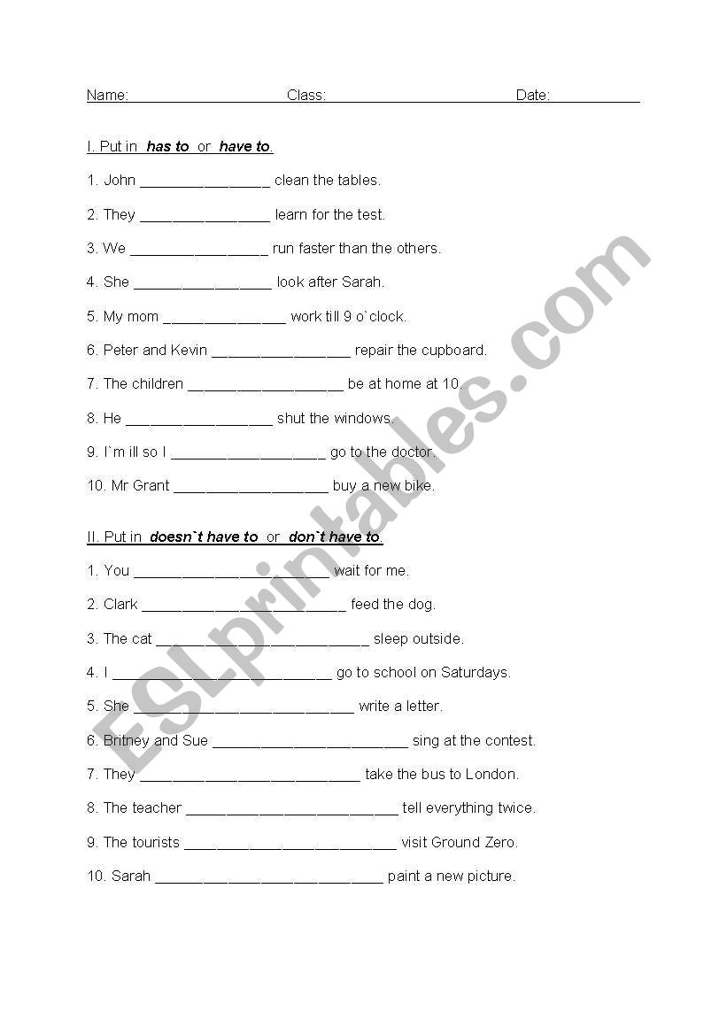 Auxiliary verb: have to worksheet