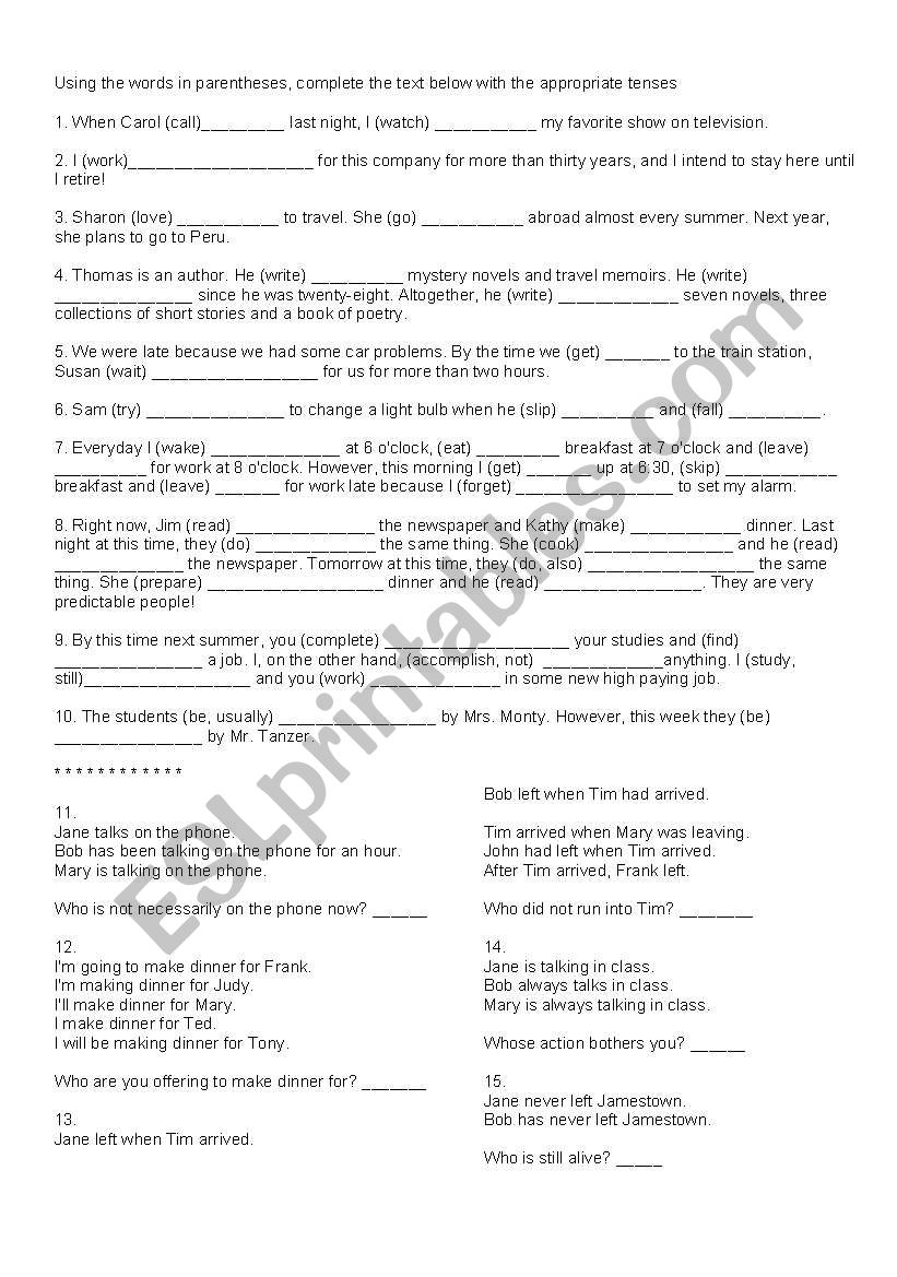 Verb tenses exercises worksheet