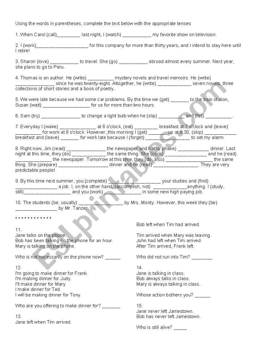 Verb tenses exercises worksheet