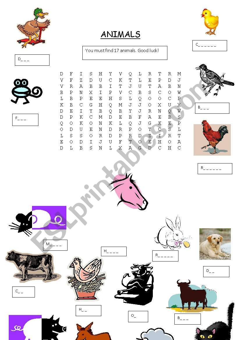 Animals wordsearch worksheet