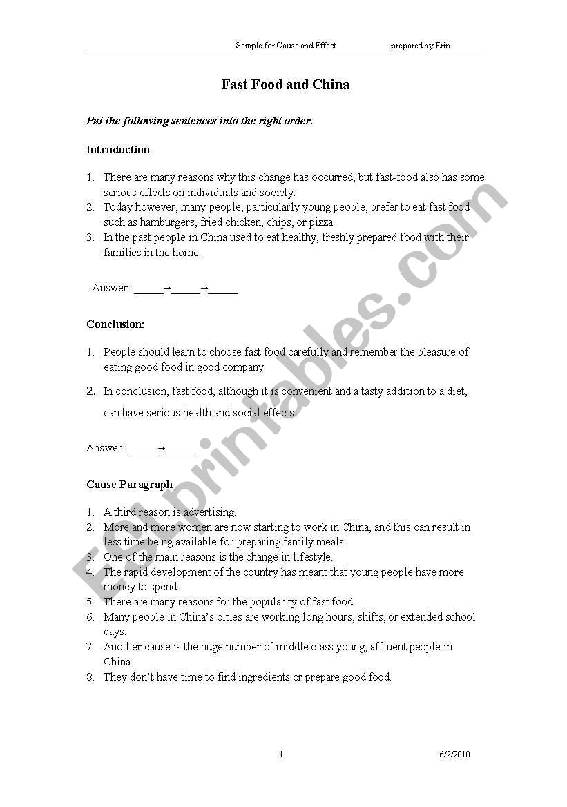 sample essay: cause and effect with activity